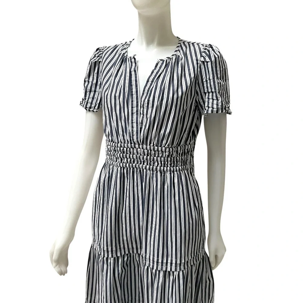 Quince Organic Cotton Tiered Maxi Dress‎ Navy White Stripe Smocked Resortwear M - Picture 3 of 17